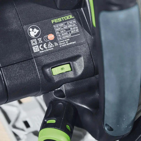 Close-up of controls on Pro Shop Ready Track Saw delivering heavy duty performance with detailed specifications and safety features.