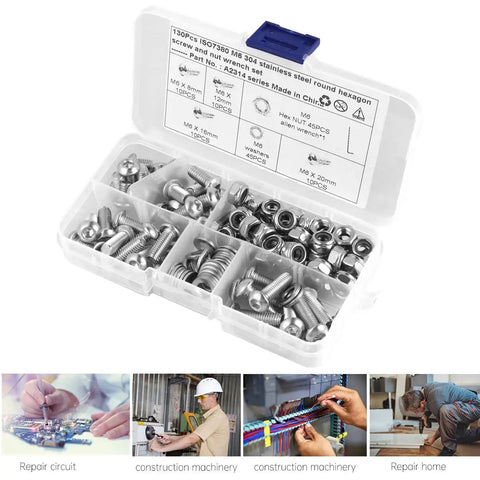Stainless Steel 304 Heavy Duty Round Head Hex Screws Bolts Nuts Kit 130 Piece Assortment With M6 Half And Flat Heads Full Thread
