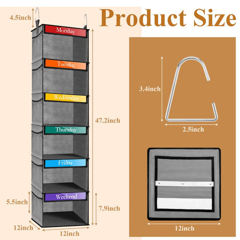 Two Pack 6 Shelf Weekly Kids Clothes Organizer With Side Pocket 47 Inch Hanging Divider Kid Friendly Monday Through Friday School Outfits Plus Weekend Storage White with size dimensions and hooks shown