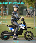 K1 Kids Electric Dirt Bike 36V Motorcycle for Ages 3 to 10, 16 MPH Top Speed, 14 Mile Range, 700W Peak, 3 Speed Modes, UL 2272 Certified Safe Ride with Front Fork Suspension and Strong Brakes. Boy on black and white kids electric dirt bike with size markings.