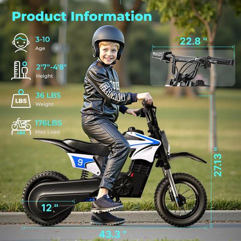 K1 Kids Electric Dirt Bike 36V Motorcycle for Ages 3 to 10, 16 MPH Top Speed, 14 Mile Range, 700W Peak, 3 Speed Modes, UL 2272 Certified Safe Ride with Front Fork Suspension and Strong Brakes. Boy on black and white kids electric dirt bike with size markings.