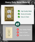 Comparison of Six Pack Duplex Outlet Cover Plate With Paisley Pattern In Antique Brass Finish and standard plastic cover