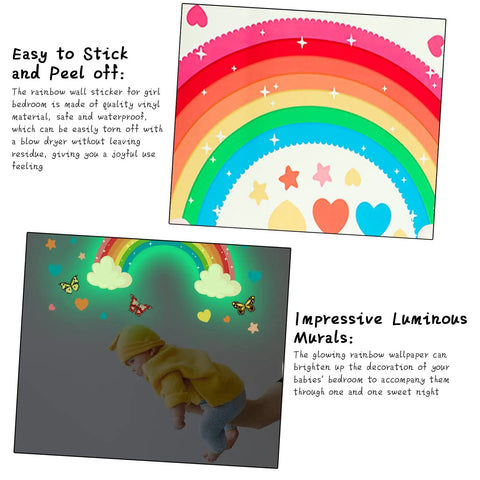 Glow In The Dark Large Rainbow Wall Decals With Stars Hearts And Butterflies Removable Watercolor Vinyl Sticker For Nursery And Teen Bedroom Decor Easy Peel And Reposition Super Cute And Kid Safe featuring vibrant colors and luminous glow