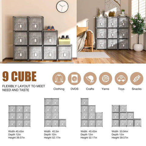 9 Cube Storage Organizer With Printed Fabric Drawers And Labels Large Capacity Cubby Shelf For Closet Living Room Dorm And Craft Yarn In Grey Go To Storage Solution For Tidy Spaces, front and side view