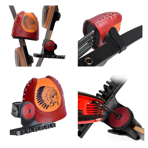 Detail of Four to Six Arrow Quiver for Recurve Bow with Brown Leather Arrow Holder and Quick Shoot System in close-up view.