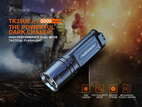 Beast Mode 5000 Lumen Flashlight With 437 Yard Throw, black aluminum design on rugged terrain, high-performance tactical use