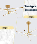 Two installation shapes of 6 Light Gold Sputnik Flush Mount Chandelier Led Ceiling Light Dimmable 4000K Modern Mid Century Vibe