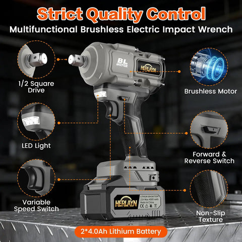 Pro Grade Heavy Duty 1/2 Inch Cordless Impact Wrench With Brushless Motor And 1760Nm Torque showing variable speed switch and LED light.