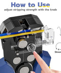 Demonstrating the wire adjustment knob on the Automatic Wire Stripper And Crimping Tool For AWG 24-10 Wire, Ratchet Crimper For Heat Shrink Connectors.