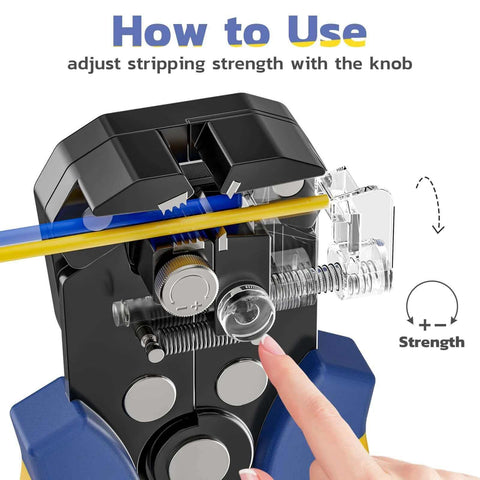 Demonstrating the wire adjustment knob on the Automatic Wire Stripper And Crimping Tool For AWG 24-10 Wire, Ratchet Crimper For Heat Shrink Connectors.