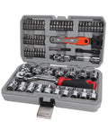 64 Piece Three Eighths Inch Ratchet Socket Set Beefy Build Heavy Duty Durable Steel With 72 Tooth Ratchet in compact toolbox