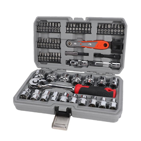 64 Piece Three Eighths Inch Ratchet Socket Set Beefy Build Heavy Duty Durable Steel With 72 Tooth Ratchet in compact toolbox