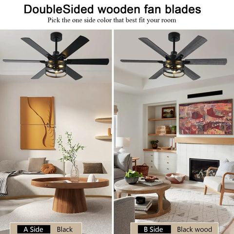 52 Inch Farmhouse Ceiling Fan With Light And Remote Black Industrial Caged Rustic Ceiling Fan With 6 Speed Reversible Motor