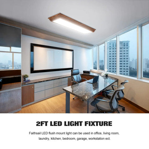 Office room with Two Foot LED Wraparound Light Fixture With Wood Look, Dimmable 3000K 4000K 5000K CCT, 30W 3300LM, flush mounted on the ceiling.