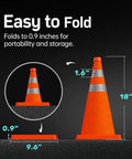 4 Pack 18 Inch Collapsible Traffic Cones With Reflective Collar Orange Pop Up Safety Cones, showing folded and expanded views.