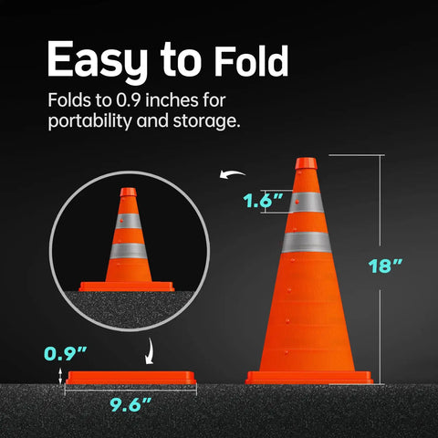 4 Pack 18 Inch Collapsible Traffic Cones With Reflective Collar Orange Pop Up Safety Cones, showing folded and expanded views.