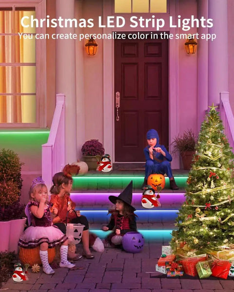 Color Changing 50ft RGB LED Strip Lights decorate a Christmas scene with children, featuring bright holiday vibes