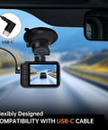 Front And Rear Dash Cam 2.5K Dual Car Camera With 2560x1440 Front And 1080P Rear Night Vision close-up with USB-C cable