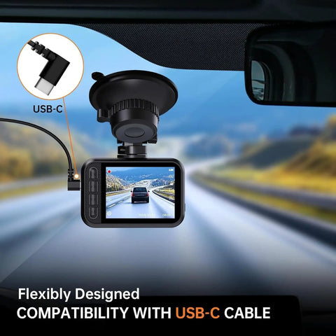Front And Rear Dash Cam 2.5K Dual Car Camera With 2560x1440 Front And 1080P Rear Night Vision close-up with USB-C cable