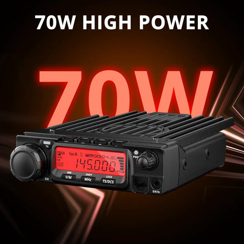 Long-Range 70W VHF Mobile Ham Radio For 144-148MHz With Air Band Bluetooth Noise Reduction Wireless PTT 510 Channels Smart Cooling Fan Three Power Levels 70W 25W 10W FCC ID T4 displaying 70W power