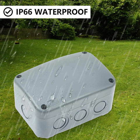 IP66 Waterproof Junction Box for Outdoor Electronics Built Tough ABS Plastic Weather Resistant Dustproof Enclosure 4.9 x 3.3 x 2.3 Inch Ideal For Outdoor Wiring Projects And Weatherproof Installations. grey ABS plastic IP66 waterproof junction box with rain droplets outdoors