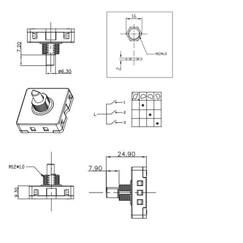 Technical diagram of Four Position Three Speed Rotary Switch With Knob For Fans And Portable Heaters showing dimensions and parts