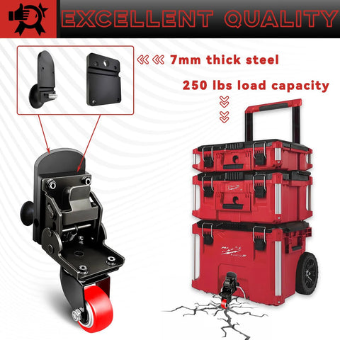 Packout Front Wheel Caster Kit For Milwaukee Packout Heavy Duty 200 Lb Capacity Steel Construction with rolling tool box
