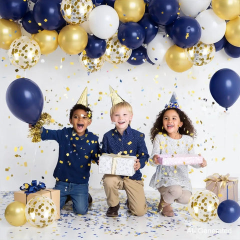 Children celebrating with Bold Navy Blue Gold Confetti Balloons Set 50 Pack 12 Inch Latex Balloons With Ribbon In Navy White Metallic Gold