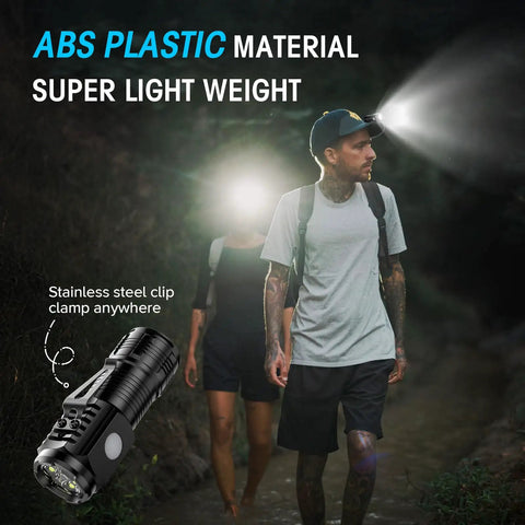 Rechargeable Mini Flashlights With Magnetic Base Twin Pack used by hikers, ABS plastic, bright 3 LED EDC lights with belt clip, 4 modes