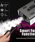 Powerful 1200W Fog Machine With 18 Bright LED Lights And Remote showing heavy fog and smart control options