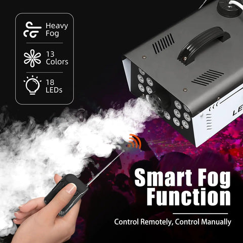 Powerful 1200W Fog Machine With 18 Bright LED Lights And Remote showing heavy fog and smart control options