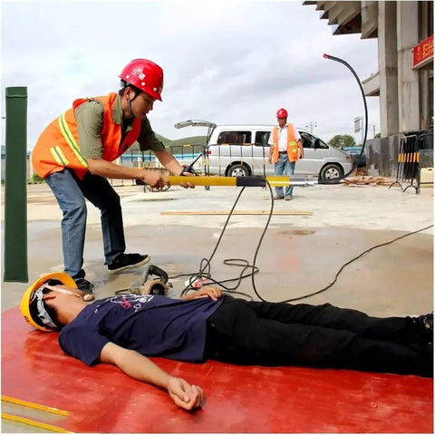 Man using High Voltage Insulated Rescue Hook For Electrocution Safety Two Meter Long Heavy Duty Pole With 220lb Load Capacity on site