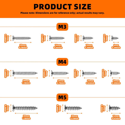 Size chart for 525 Piece Self Tapping Screws Set M3 M4 M5 Phillips Flat Head for DIY woodworking and home repairs.