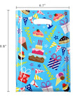 Birthday Party Favor Bags With Handles 32 Pack Goodie Bags 9.8 x 6.7 Inches Colorful Blue Design with Cakes and Gifts for Kids Parties.