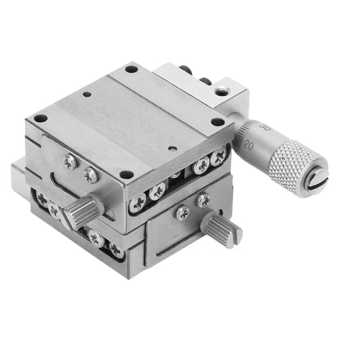 Manual XY Linear Sliding Table With Cross Roller Stage In Stainless Steel 30 By 30 Millimeter Micrometer Adjustment For Precision Equipment Optical Alignment Microscopy And Lab Instrumentation Pro Grade Quality, showing side view