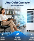 No Hose Portable Swamp Cooler Indoor Standing Air Conditioner with 120 Degree Wide Auto Oscillation in a home office.