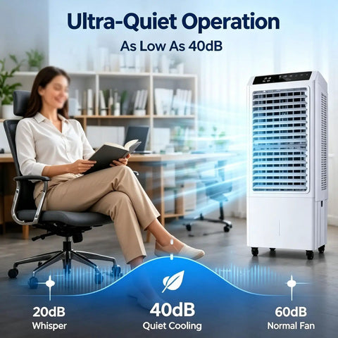 No Hose Portable Swamp Cooler Indoor Standing Air Conditioner with 120 Degree Wide Auto Oscillation in a home office.