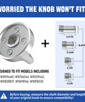 Diagram of Whirlpool Compatible Gas Cooktop Knob Replacements 5 Pack sizes and dimensions shown.