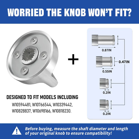 Diagram of Whirlpool Compatible Gas Cooktop Knob Replacements 5 Pack sizes and dimensions shown.