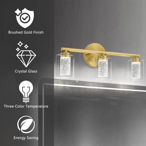 Three Light Gold LED Vanity Light With Crystal Bubble Glass For Bathroom, Modern Brushed Gold Wall Sconce Dimmable With Three Color Temperature, 18 Watts, Mid Century Vibe