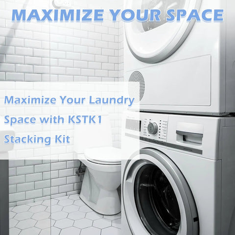 Stacked LG and Kenmore front load washers secured by sturdy metal laundry stacking kit, chrome finish, in compact bathroom setup.
