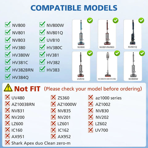 Compatibility chart for Brush Roller Replacement Kit For DuoClean Vacuum Cleaners NV800 NV800W NV801 NV801Q NV803 UV810 HV380
