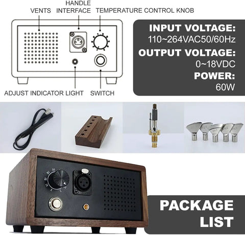Heavy Duty Electric Leather Edge Creaser Machine With Adjustable Heat Up To 400 Degrees And Walnut Wood Handles showing components like knobs and accessories.
