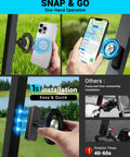 Heavy Duty Golf Cart Phone Mount With 360 Degree Rotation shown with magnetic attachment on golf cart, phone displaying GPS.