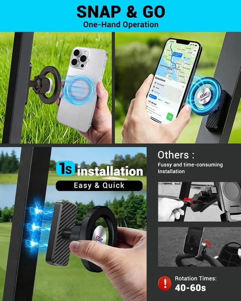 Heavy Duty Golf Cart Phone Mount With 360 Degree Rotation shown with magnetic attachment on golf cart, phone displaying GPS.