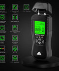 Digital Wood Moisture Meter With Pin Pro Sensor on a stand, showing green digital display with detailed measurement icons.