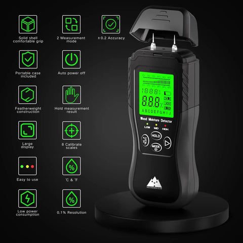 Digital Wood Moisture Meter With Pin Pro Sensor on a stand, showing green digital display with detailed measurement icons.