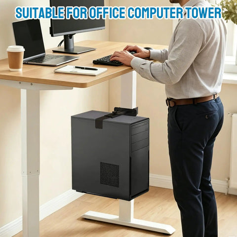 Built Tough Under Desk Pc Mount Clamp On Computer Tower Case Holder Handles Fifty Pounds Fits Standard Desk Legs, mounted on a desk.