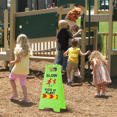 Slow Kids At Play Signs For Street Double Sided With Reflective Tape High Visibility Children At Play Safety Sign For Neighborhoods Schools Parks Sidewalks And Driveways 2 Pack Green installed near playground
