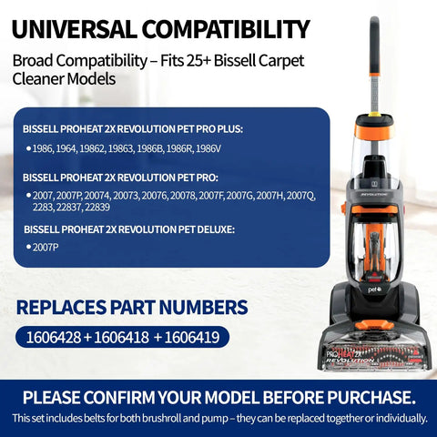 Replacement Carpet Cleaner Belt Kit For ProHeat 2X Revolution Pet And More 3 Pack Fits Thirty Plus Bissell Models compatibility chart